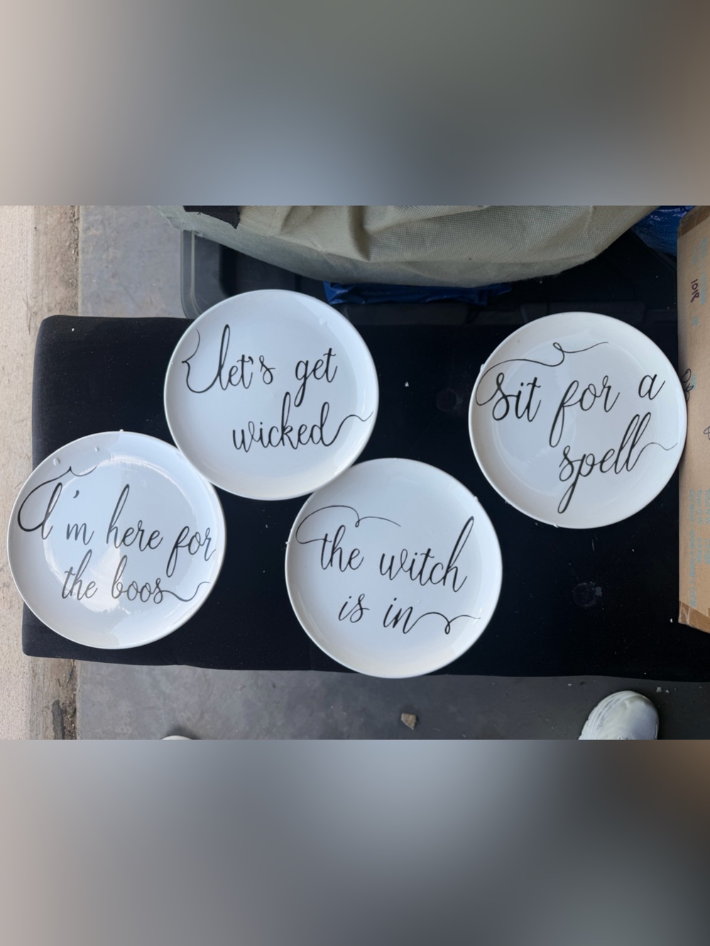 White Script Stoneware Plate Set - Halloween Phrase Dinnerware (Set of 4)